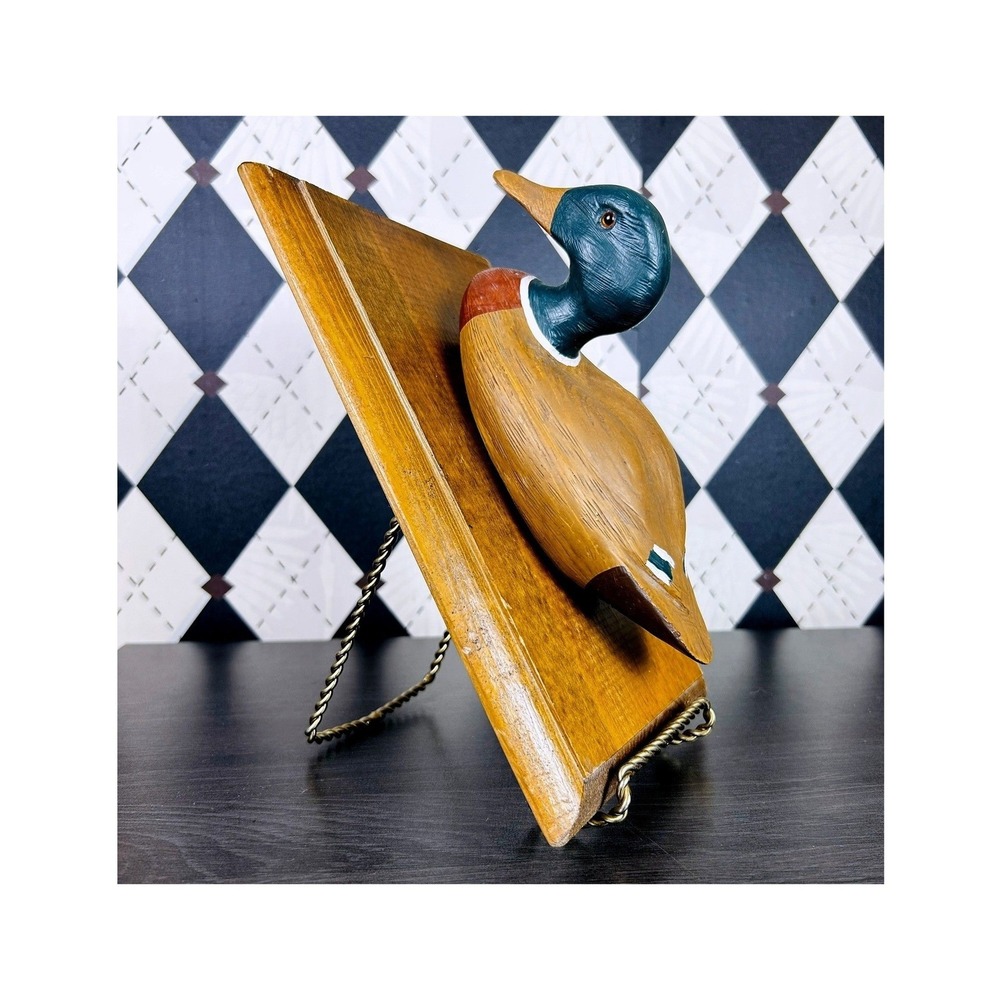 Vintage Mallard Duck Sculpture on Wood Base Rustic Lodge Decor